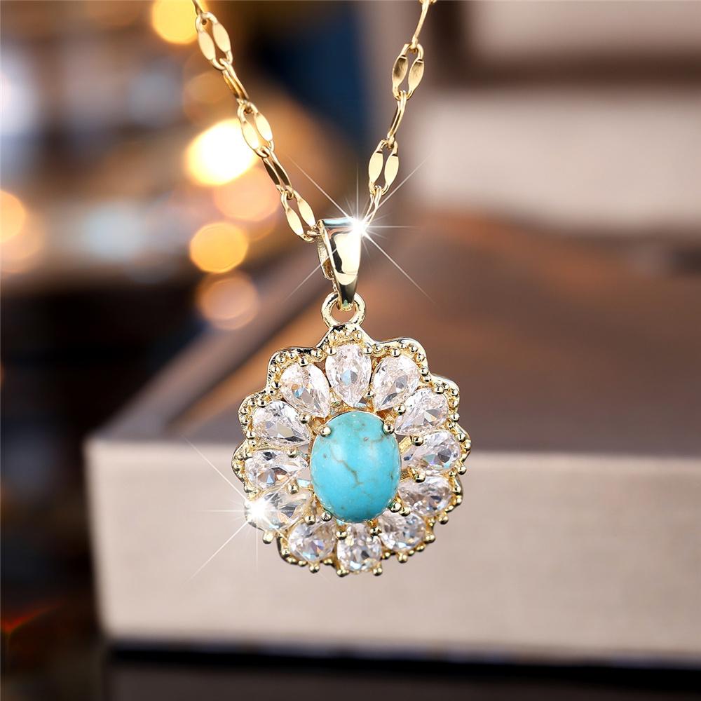 Female Crystal White Zircon Blue Stone Pendant Necklace Vintage Gold Color Wedding  For Women