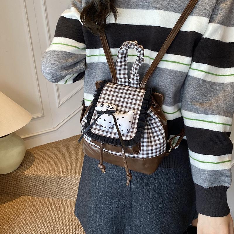 Cartoon Puppy Cute Backpack Women's New High-end Plaid Backpack Girl Small Bag