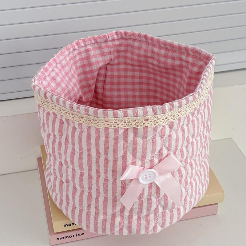 Cute Love Heart Storage Box Quilting Cotton Bow Desktop Storage Basket Large-Capacity Round Storage Frame Home Decoration