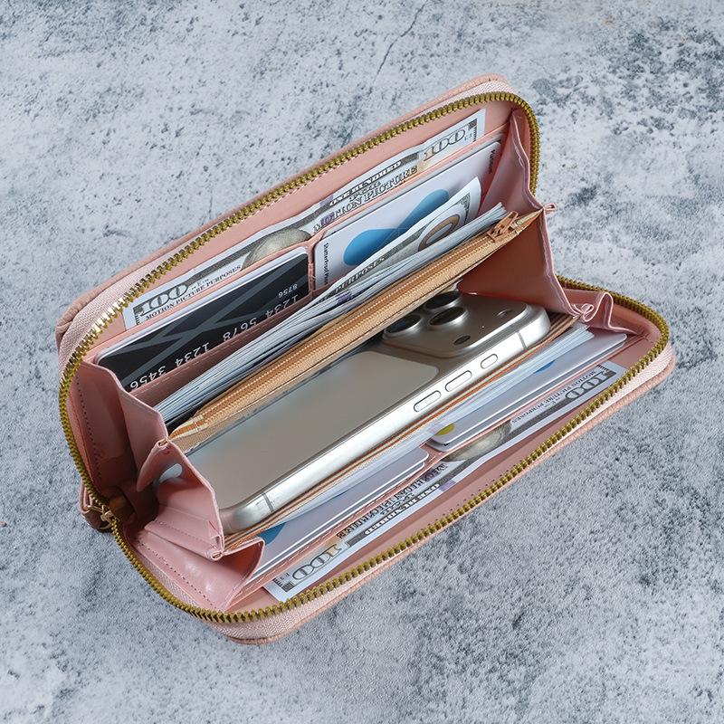 Women's Litchi Pattern Long Wallet with Multi-Card Slots and Zipper Coin Purse