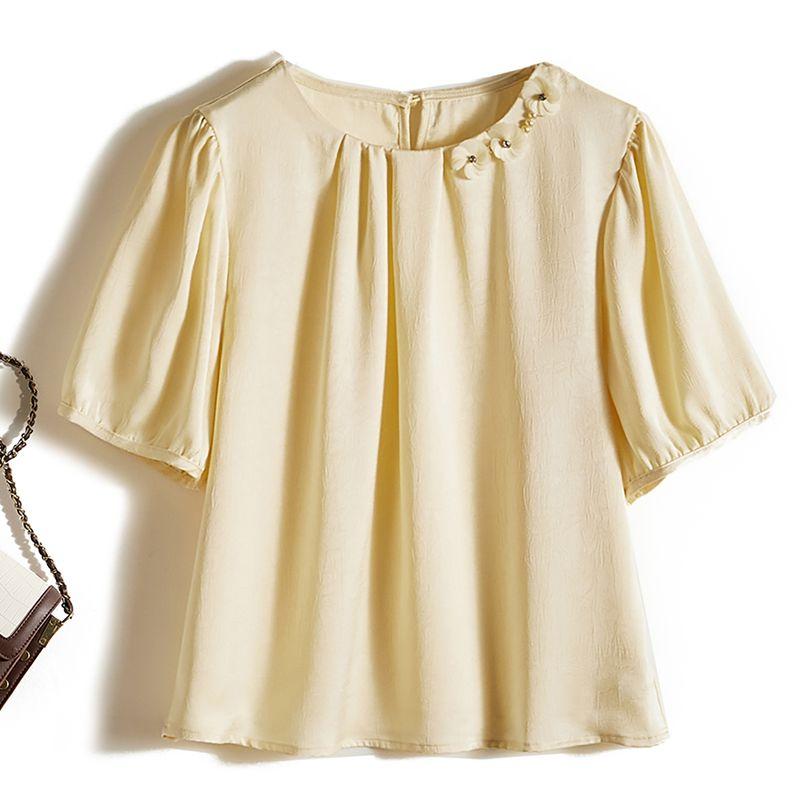 

Elegance No Upper Limit! Quality Women s Summer Satin Poplin Silk Dark Pattern Three-Dimensional Flower Cluster round Neck Puff Sleeves T-shirt Fluorescent yellow 2XL