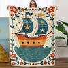 Soft Nautical Theme Fleece Blanket - All-Season 100% Polyester Bedspread With Maritime Design (Sailing Ships, Anchors, Lighthous