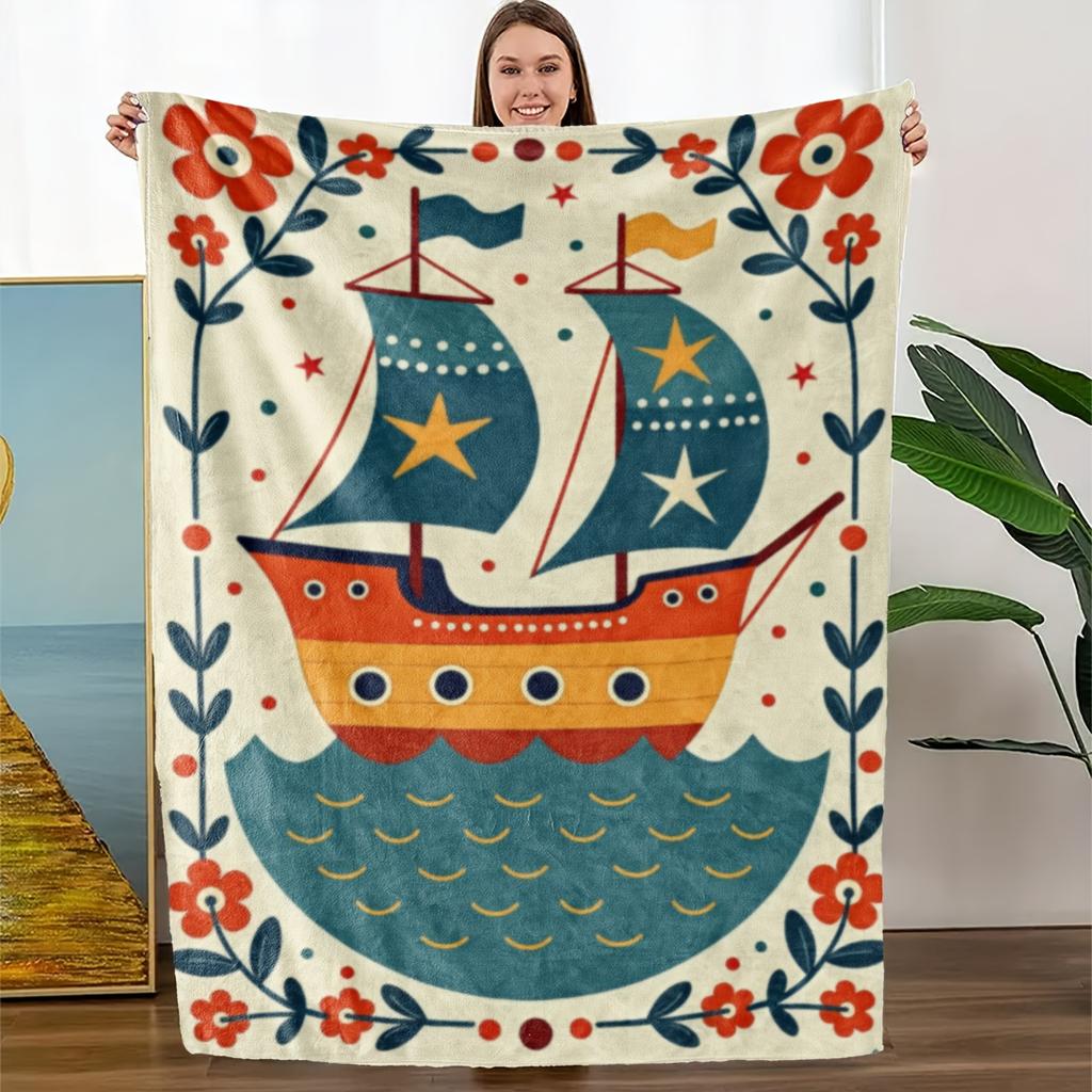 Soft Nautical Theme Fleece Blanket - All-Season 100% Polyester Bedspread With Maritime Design (Sailing Ships, Anchors, Lighthous