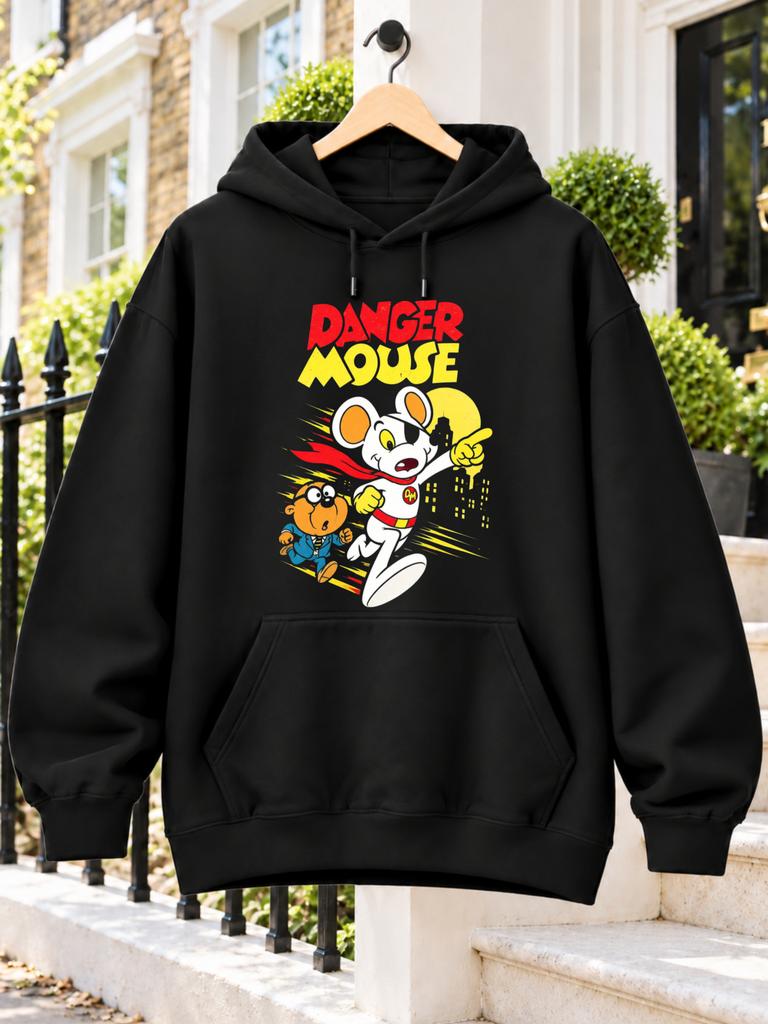 Danger Mouse Cartoon Hero Graphic White Mouse in Red And Yellow with Orange Sidekick Bold Logo And Nighttime City Silhouette Unisex Hoodie