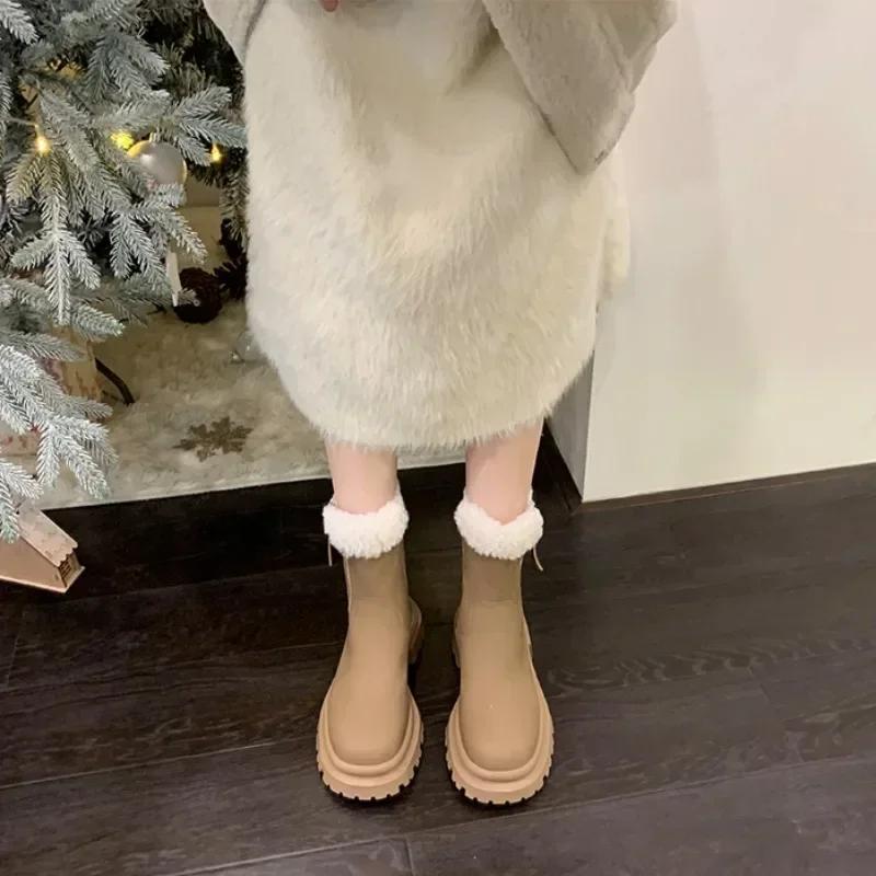 Fashion Shoes for Women Chunky Round Toe Womens Snow Boots Platform Elegant With Medium Heels 39 Gyaru Spring 2025 Protective New In Hot