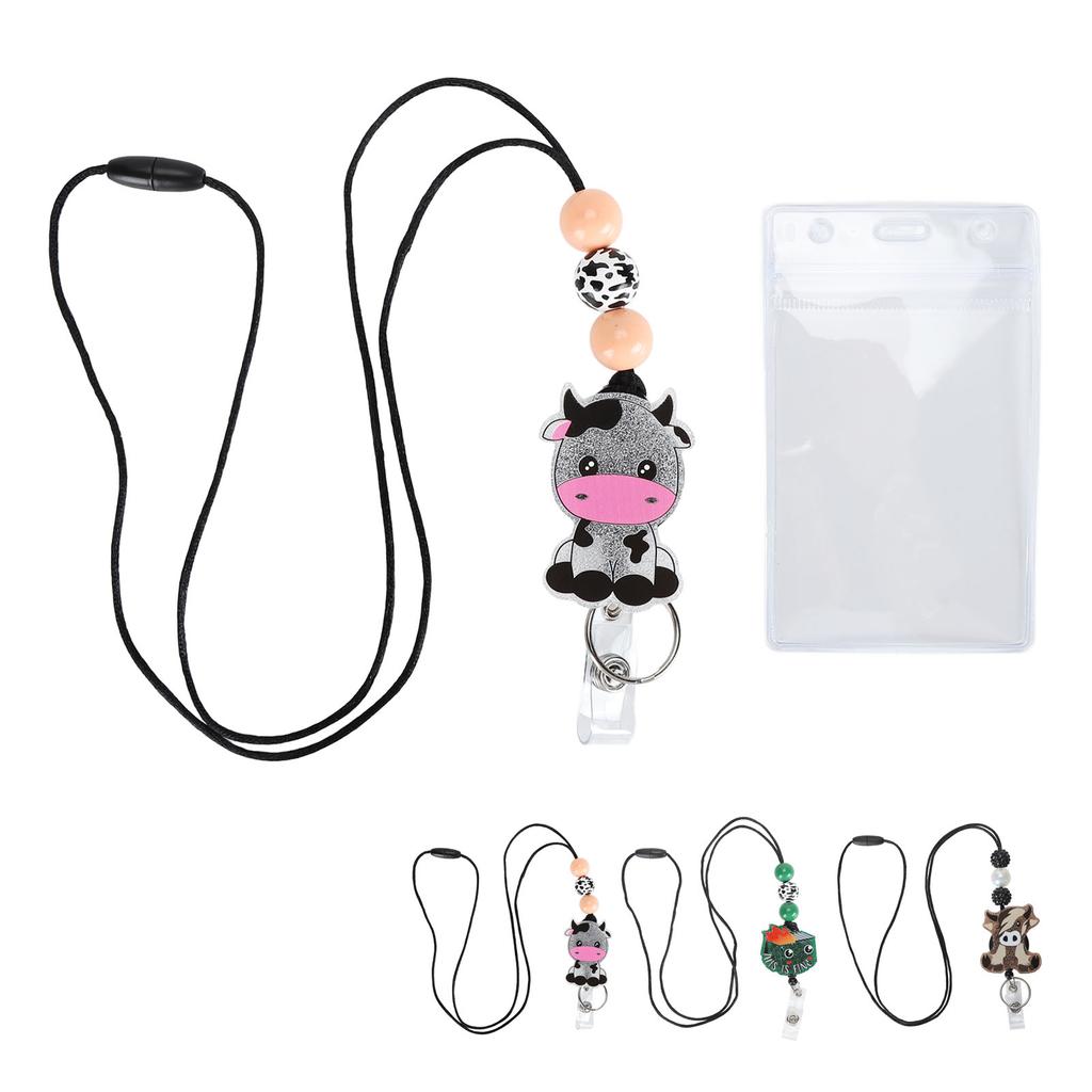 Badge Holder with Lanyard Cartoon Beaded Design Adjustable Nylon Cord Bus Card Holder for Office Sch