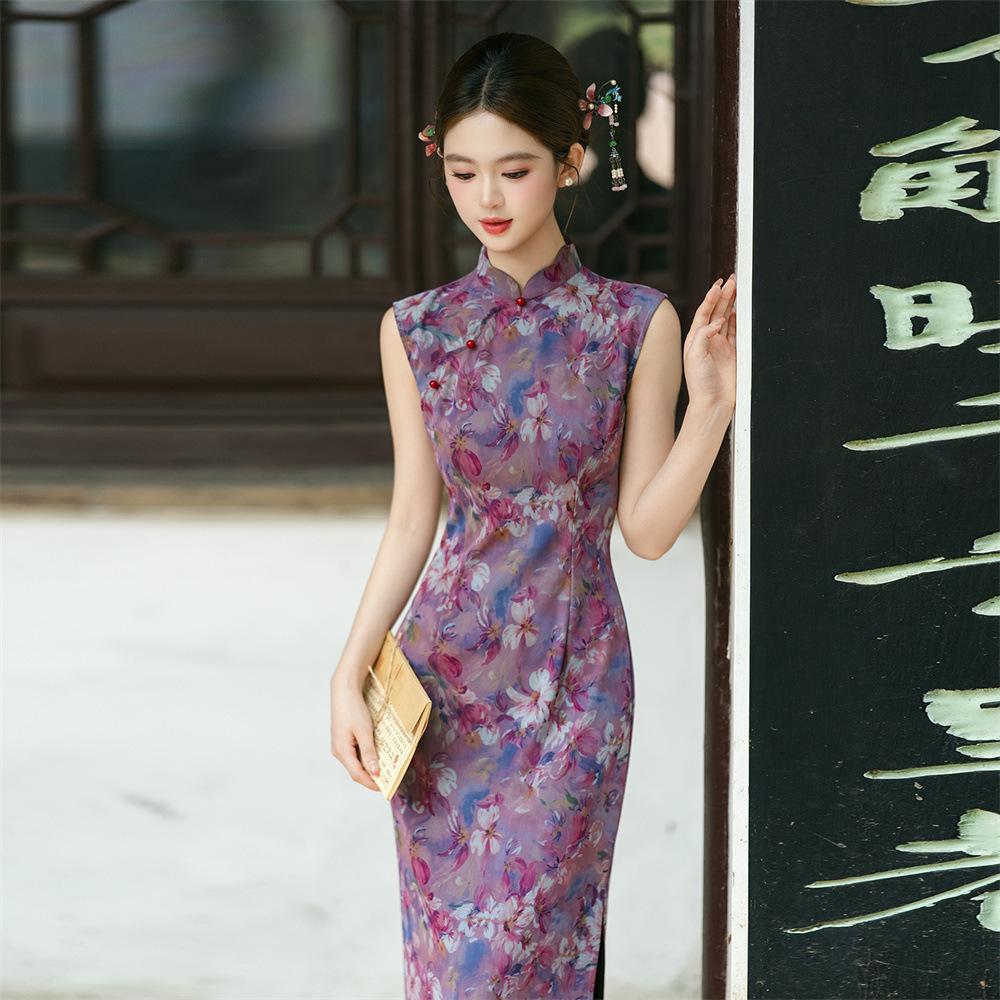 Premium retro improved cheongsam 1011 young girl purple mesh sleeveless slim temperament dress summer
