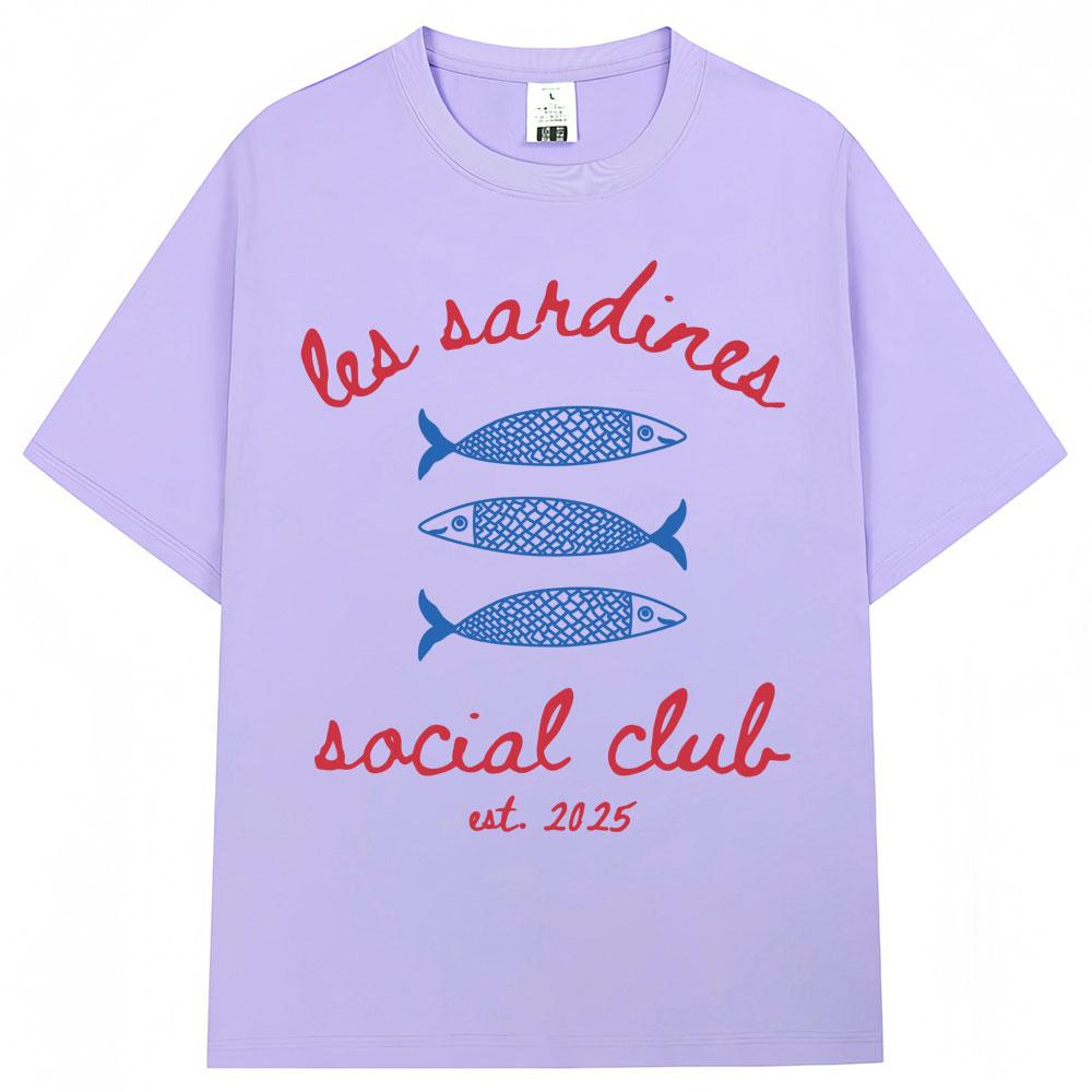 Les Sardines Social Club Graphic T Shirt Summer Fashion Vintage   Short Sleeve Oversized Cotton Casual Tees Streetwear
