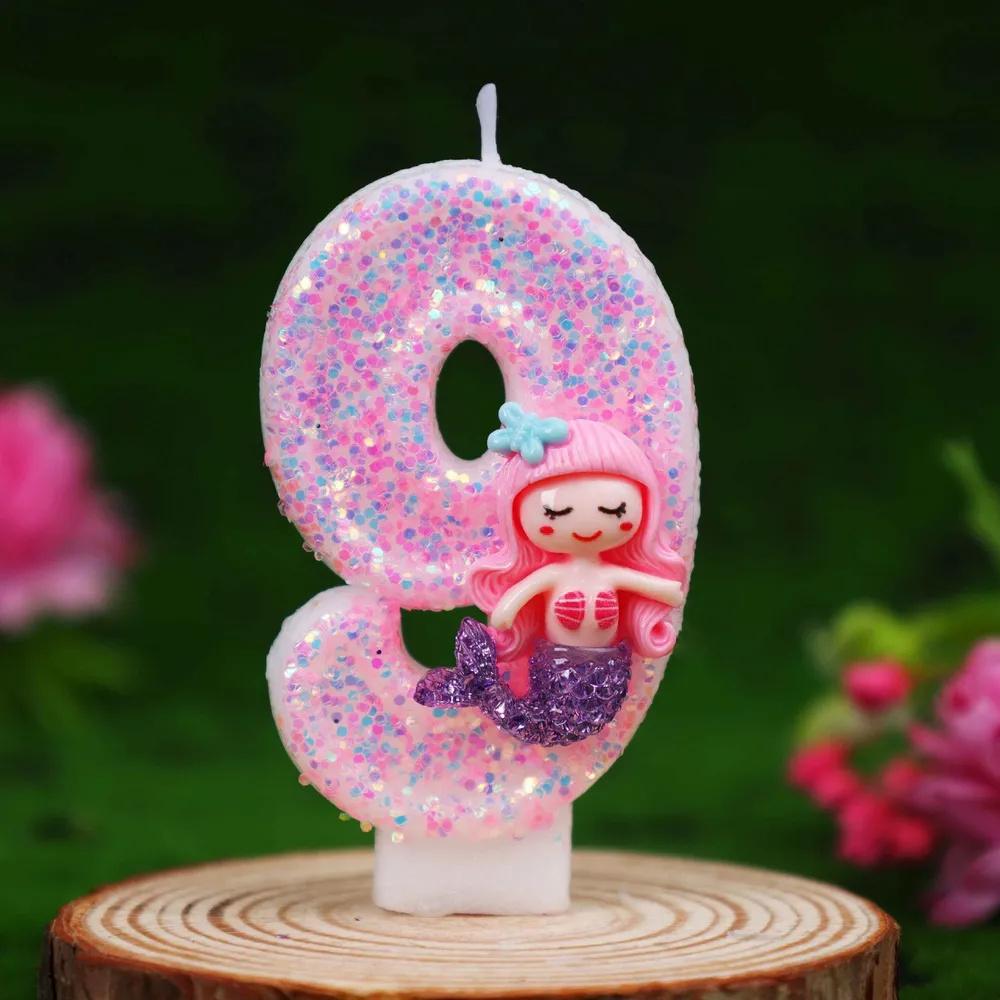 Birthday Number Candle 0-9 for Cake Decoration Children Party Supplies Baking Accessories Glitter Detail Design with Mermaid Figurine