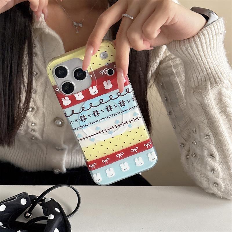 

Fair Isle Rabbit Magnetic Stand Phone Case for iPhone 17/16 Pro Max/15/14 iPhone 14 Pro