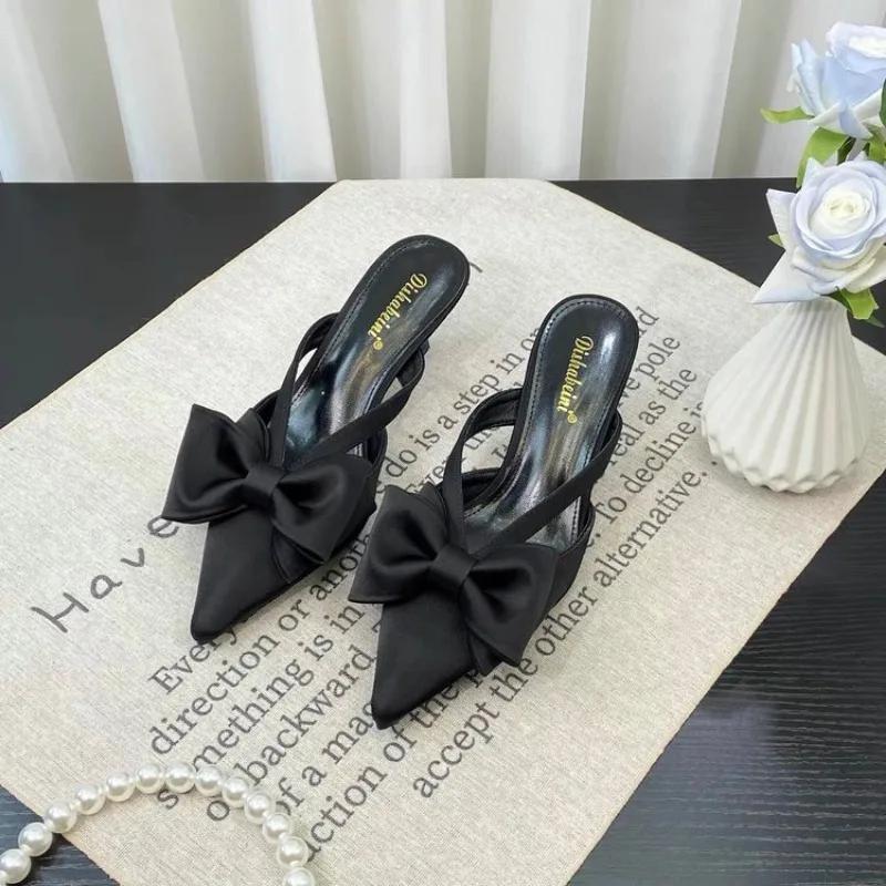 Fairy Style Pink Cool Slippers for Women's Summer  French Pointed Bow Hollow High Heels, Half Wrapped Women's Slippers