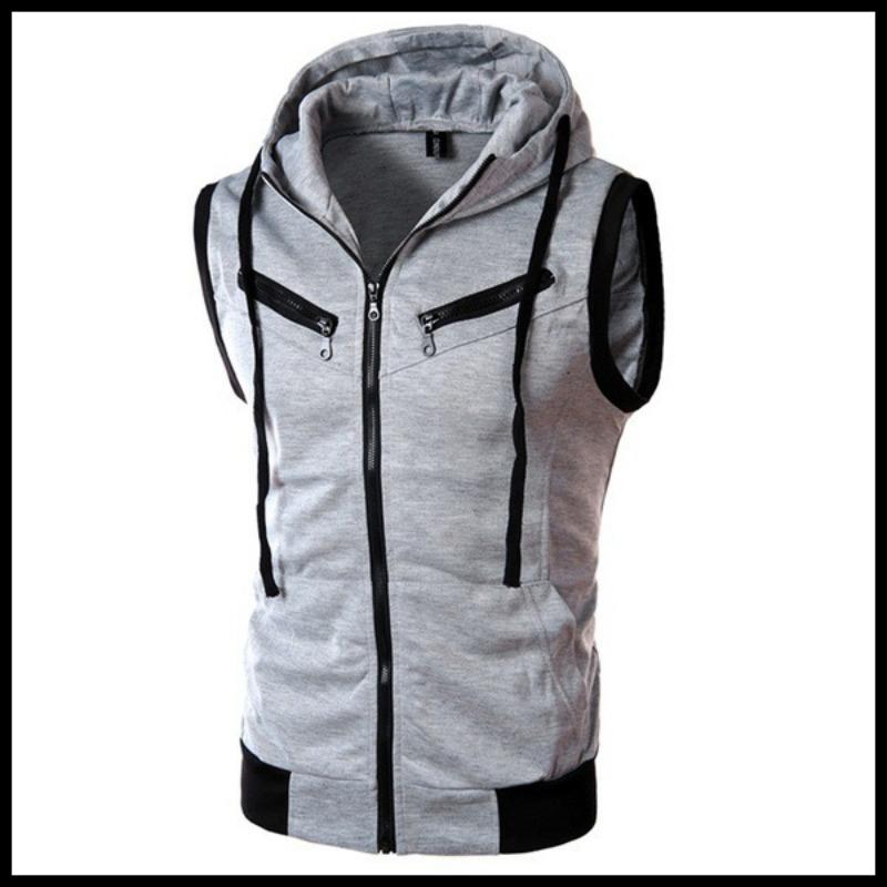 Spring Men s Hooded Zip Up Sleeveless Casual Red Pocket Vest S