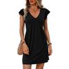 Damen V-Ausschnitt Rüschen Kurzarm A-Linie Hohe Taille Einfarbig Midi Kleid Sommer Lässig Elegant Tägliches Tragen