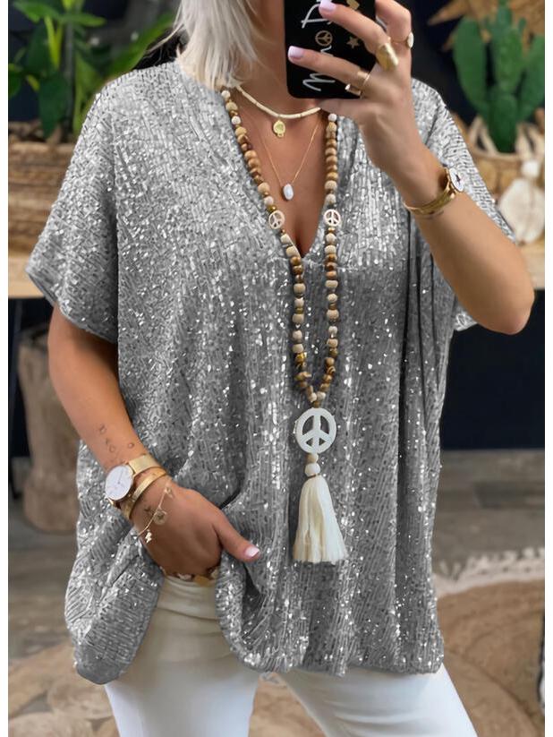In Stock! 2021 Women's Summer Casual Loose Fit Sequin T-Shirt, Solid Color Short Sleeve Pullover