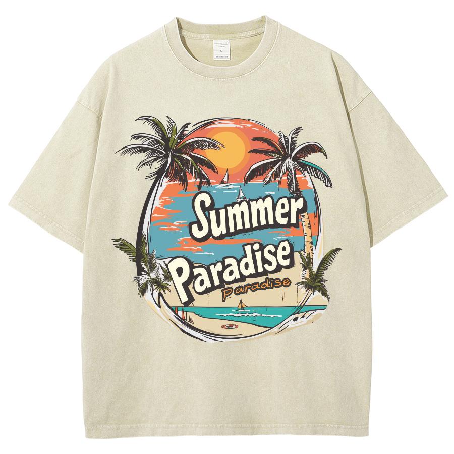 Coconut Tree Landscape Print Washed Denim Women's T-Shirt Pink Loose Extra Large Sleeve Casual Trend Street Top