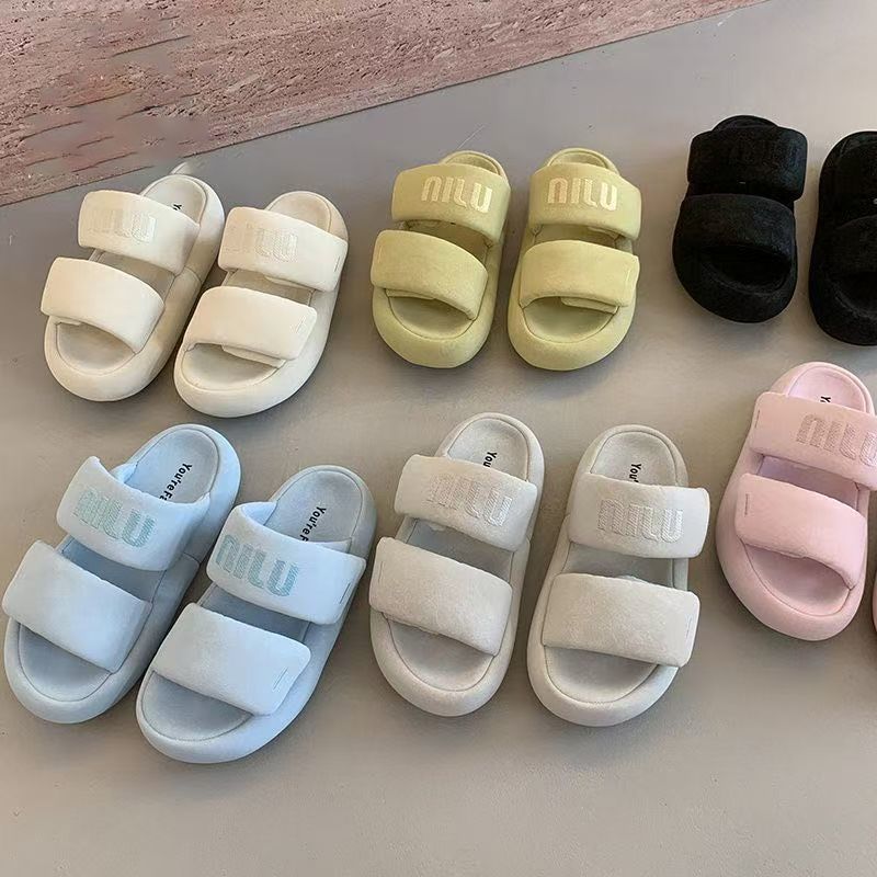 Casual One-word Explosion Summer Women's New Outer Wear Heightening Beach Cool Slippers Thick-soled Slippers Velcro 2025