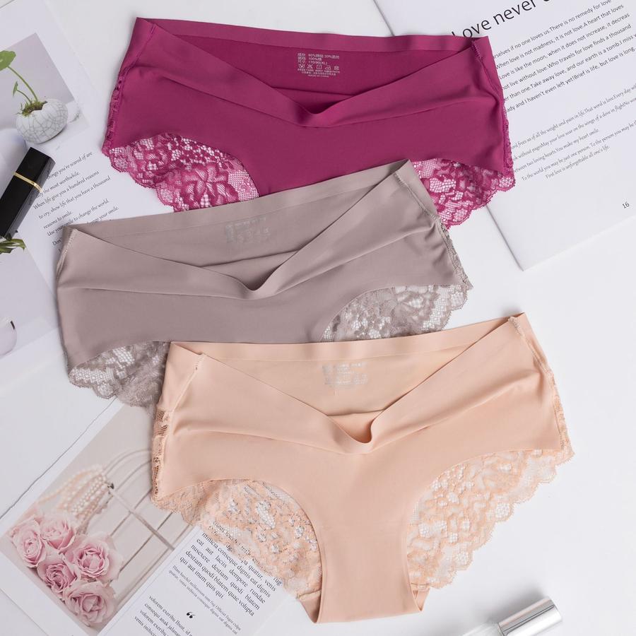 2 pcs Lace Waistband Seamless Wire-Free Lace Cotton Breathable Sexy Cute Plus Size Girls Triangle Panties