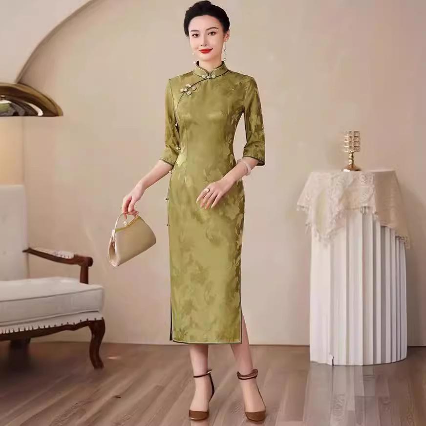 High-end silk cheongsam 1011 new spring and autumn women's seven-quarter-sleeved interwoven mulberry silk cheongsam dress elegant temperament
