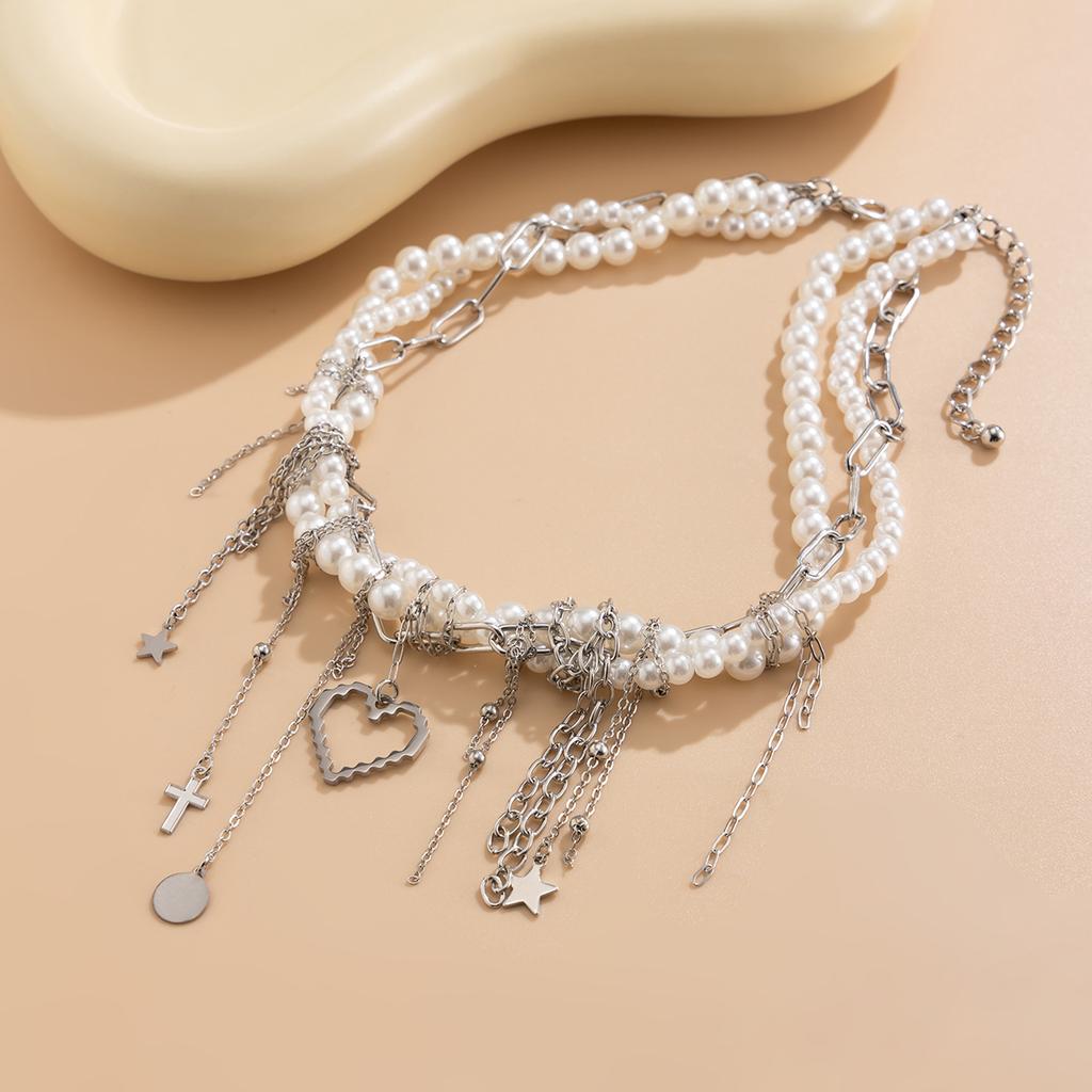 Creative Multilayer Clavicle Chain Wed Bridal Neck Vintage Love Heart Corss Tassel Pendant Choker Necklace Women Jewelry Gifts