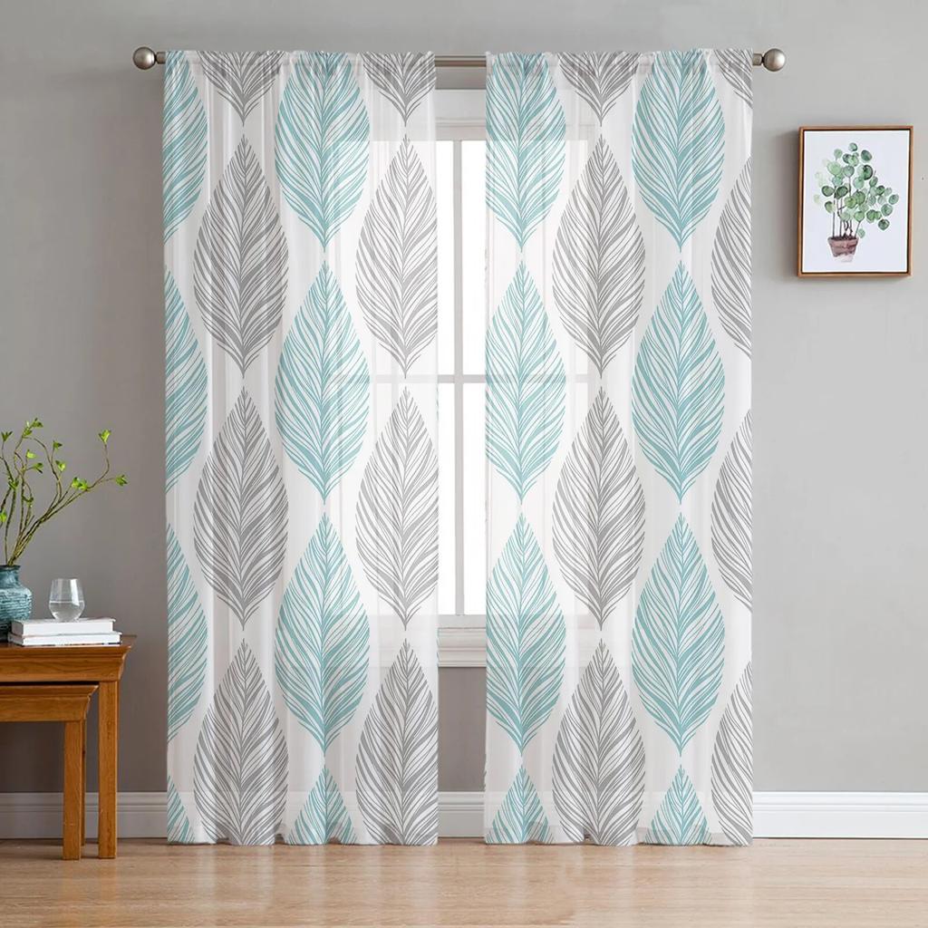 Marineblau-graue Blattstruktur-Tüllvorhänge für Wohnzimmer, Chiffon-Voile, transparenter Fenstervorhang für Schlafzimmer