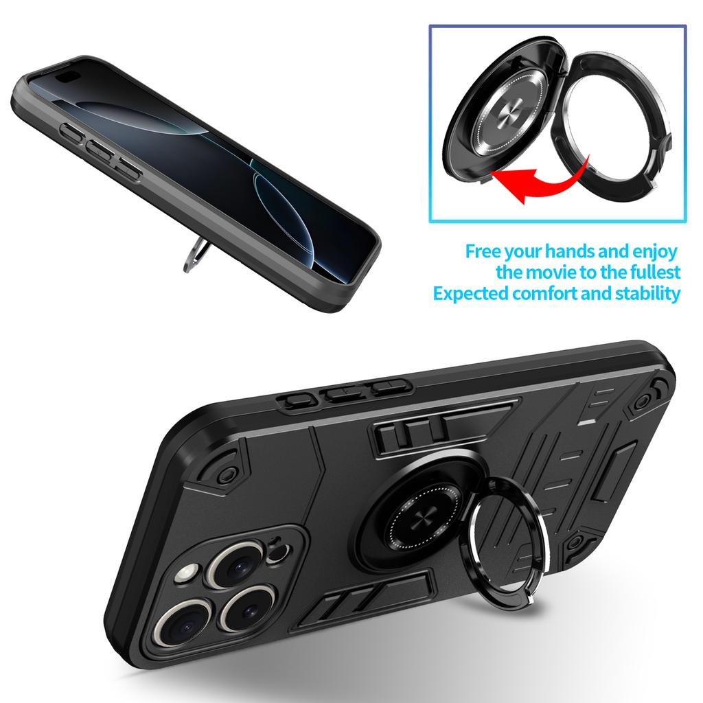 For iPhone 15 Pro Case with Ring Holder Kickstand PC + TPU Anti-Fall Phone Cover