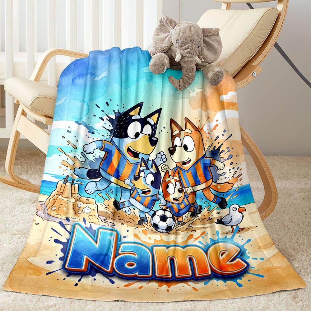 Bluey's Soccer Fun Customize Text Blanket Multi-purpose Personalized Blanket Soft & Cozy Perfect for Livingroom Chair Office Seaside for All Occasions
