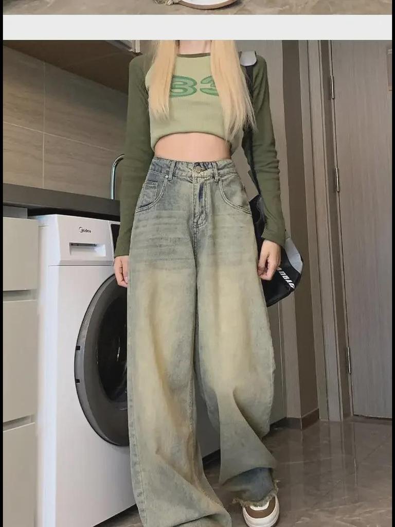 Damskie dżinsy retro z wysokim stanem, szerokimi nogawkami w amerykańskim stylu, z efektem postarzenia - mały rozmiar, luźny prosty krój, surowe wykończenie, idealne na jesień.