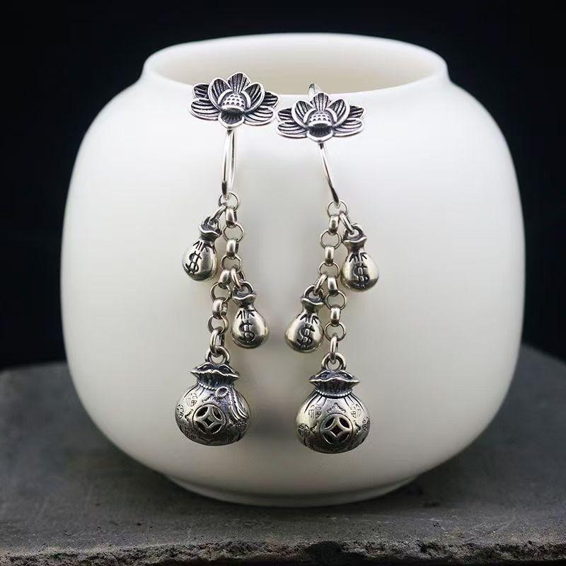 Tassel Earrings Retro Style Ethnic Money Bag Earrings Lotus Antique Money Bag Classical Fashion Versatile