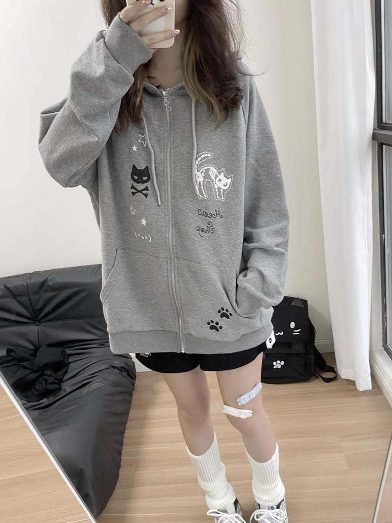 Hoodie with Cat Ear Long Sleeve Loose Harajuku Schoolgirl Mori Korean Plus Sizes Subculture Winter Women's Zip-Up Print, Pullover, Fit, Style, Style,