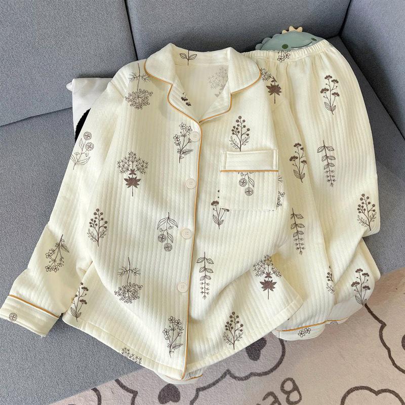 Middle-aged mother's new pajamas for women's autumn and winter air cotton interlayer thickened warm loungewear set