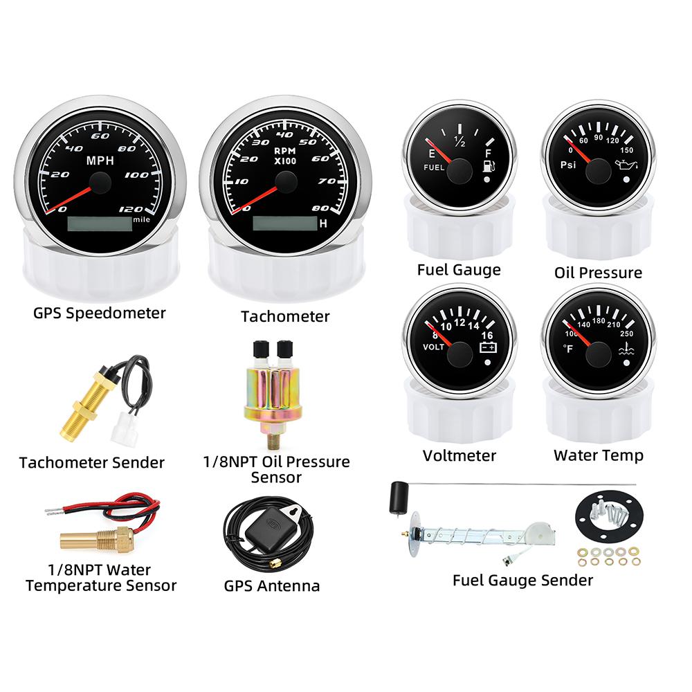 6 Gauge Set Tachometer Fuel Level Oil Pressure Water Temp Voltmeter GPS Speedometer With Sensors For Marine Car Boat Customized