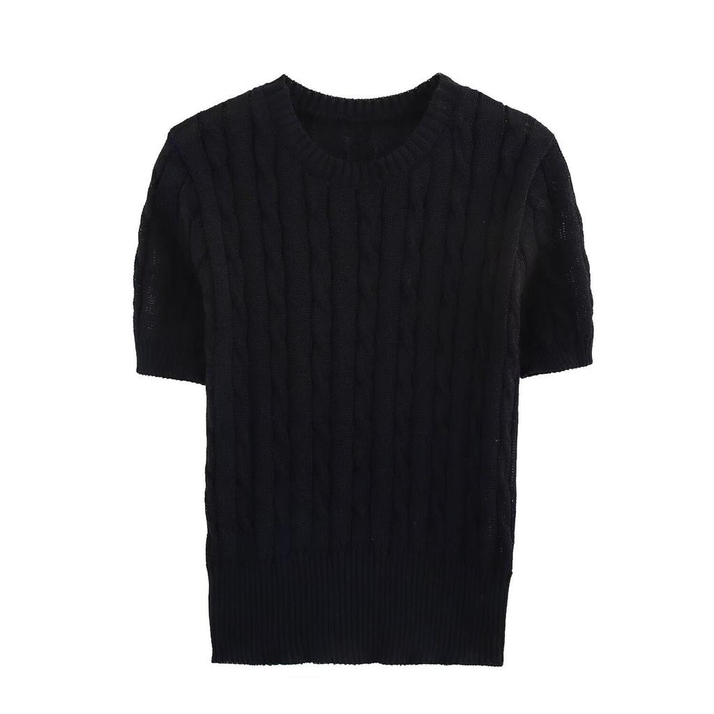 Spring 2025 Women's European-American Style Eight-Strand Braid Knit Top - Slimming, Short Sleeve, Round Neck