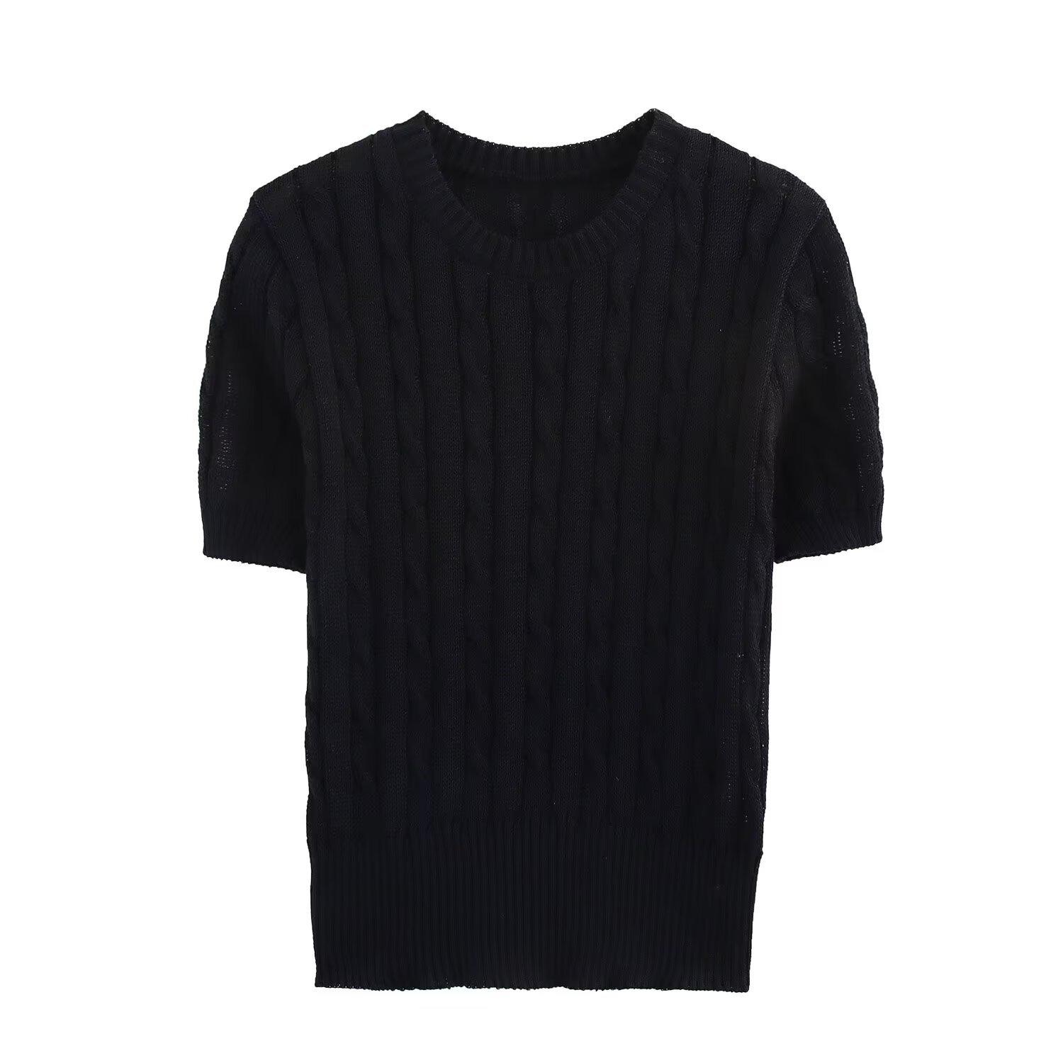 

Весна 2025 Женский трикотажный топ в европейско-американском стиле с восьмипрядной косой - Облегающий, с коротким рукавом, с круглым вырезом Small чёрный