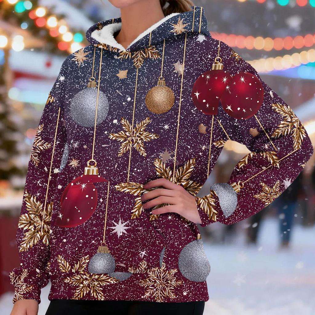 Women's Fashionable Casual Long-Sleeved Christmas Print Fleece-Lined Thick Hooded Sweatshirt