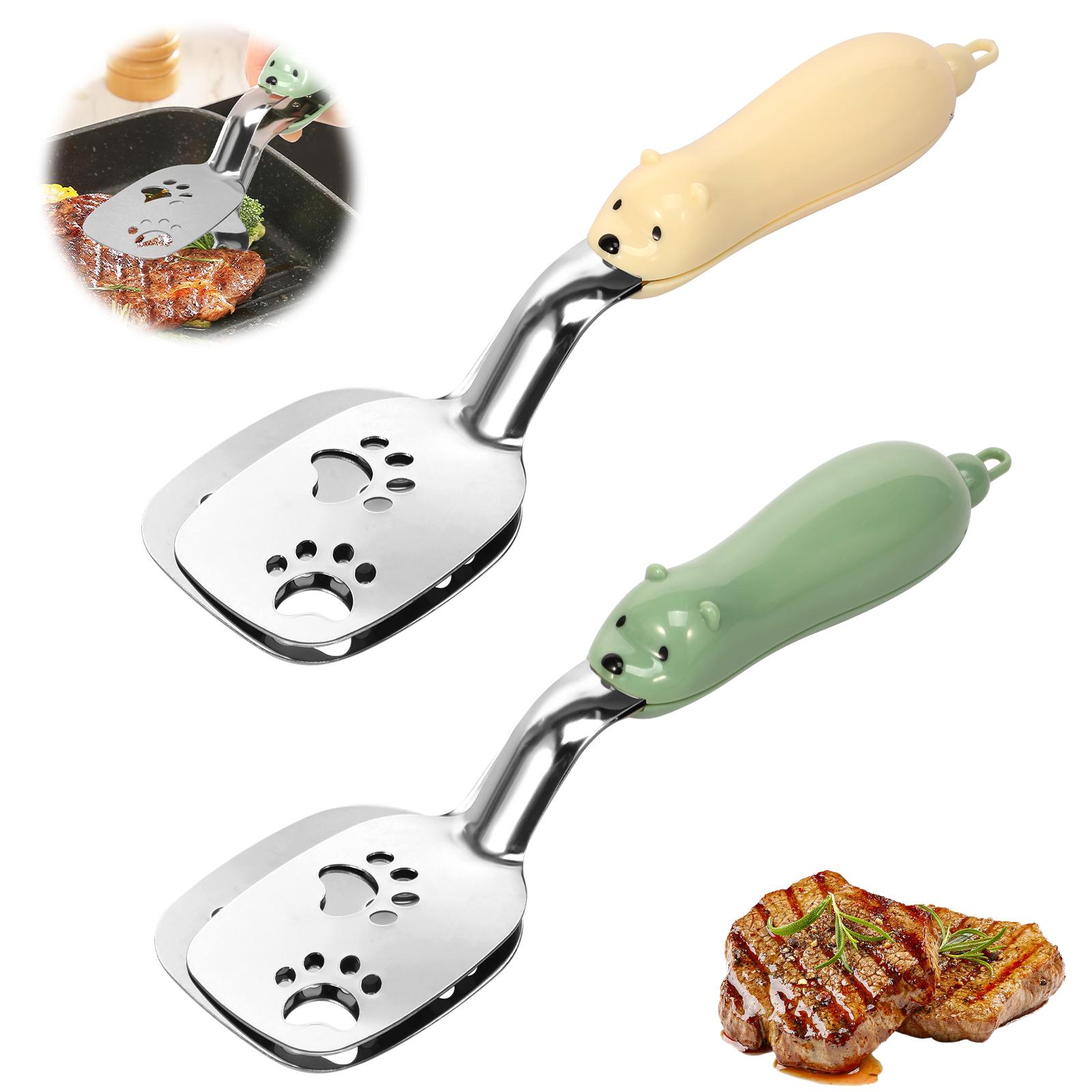 2 In 1 Stainless Steel Cooking Spatula Tongs Double Spatula Flipper Tong Clamp Food Flip Shovel Clip for Steak Fish Bread Pizza