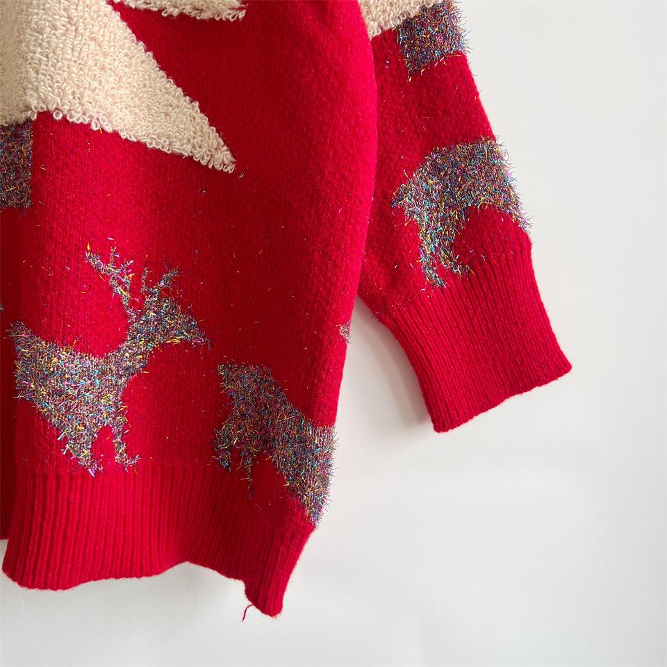 Christmas Tree Jacquard Gold Thread Knitted Round Neck Long Sleeve Loose Hoodie Thickened Christmas Sweater for Women 3533 KTB