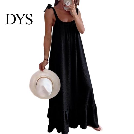 Loose Fit Summer Dress Women's Casual Tie Shoulder Sleeveless Square Fresh Natural Look Neck Maxi A-Line Ruffle Flowy Beach Sundress Spring
