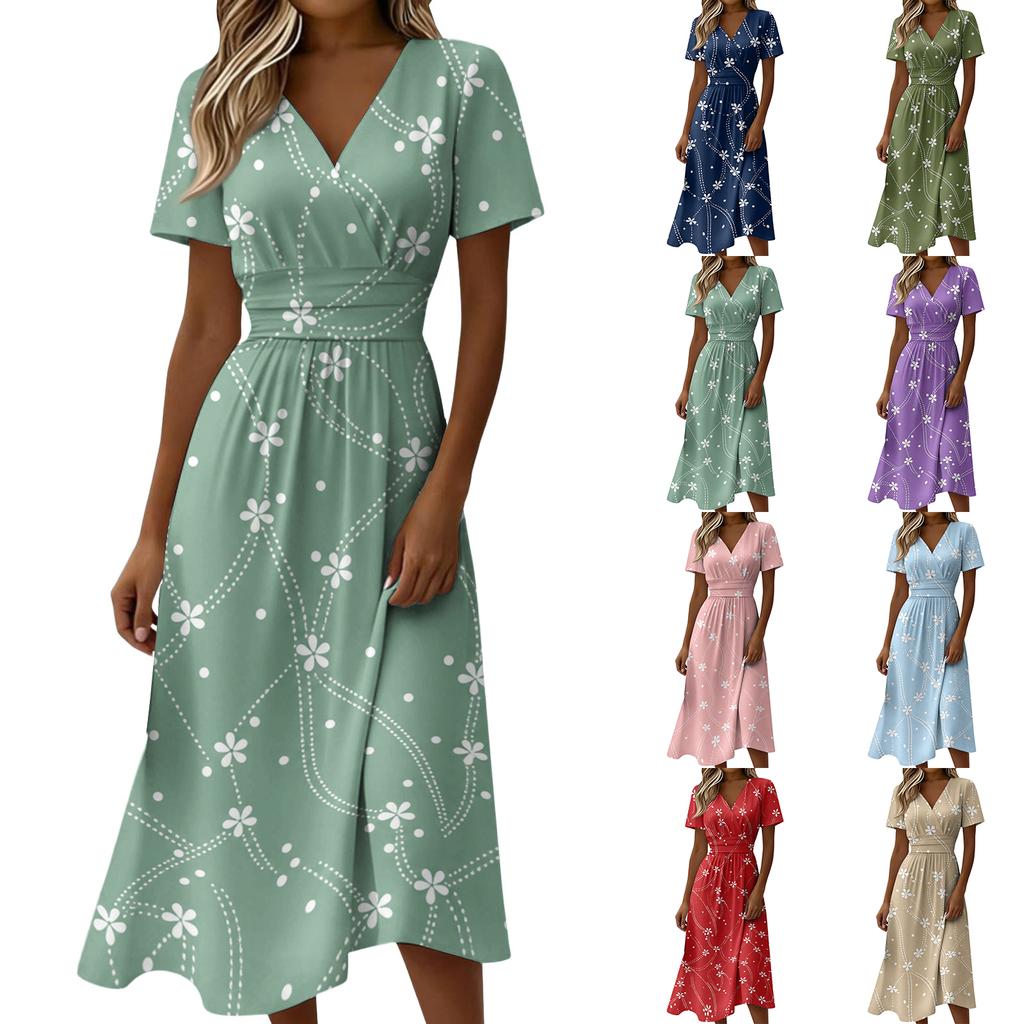 Women Midi Dress Short Sleeve V Neck Summer Casual A Line Waist Defined Floral Print Soft Lightweight Graphic Dress