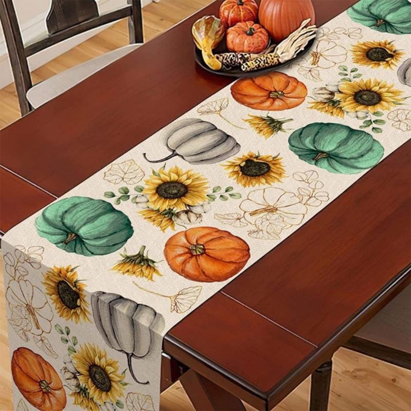 Festive Table Runner Fall Thanksgiving Pumpkin Leavest Table Runners Table Cloth for Holiday Decoration