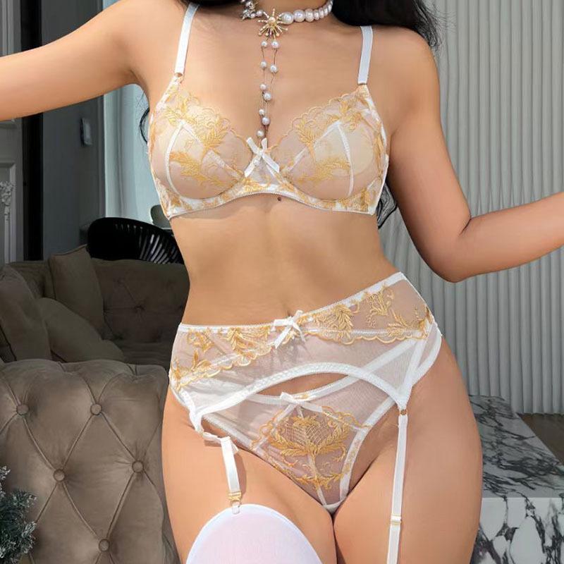 Sexy Bra Lace Big Chest Small Ultra-thin Embroidered Mesh Garter Socks Sexy Underwear Three-piece Set