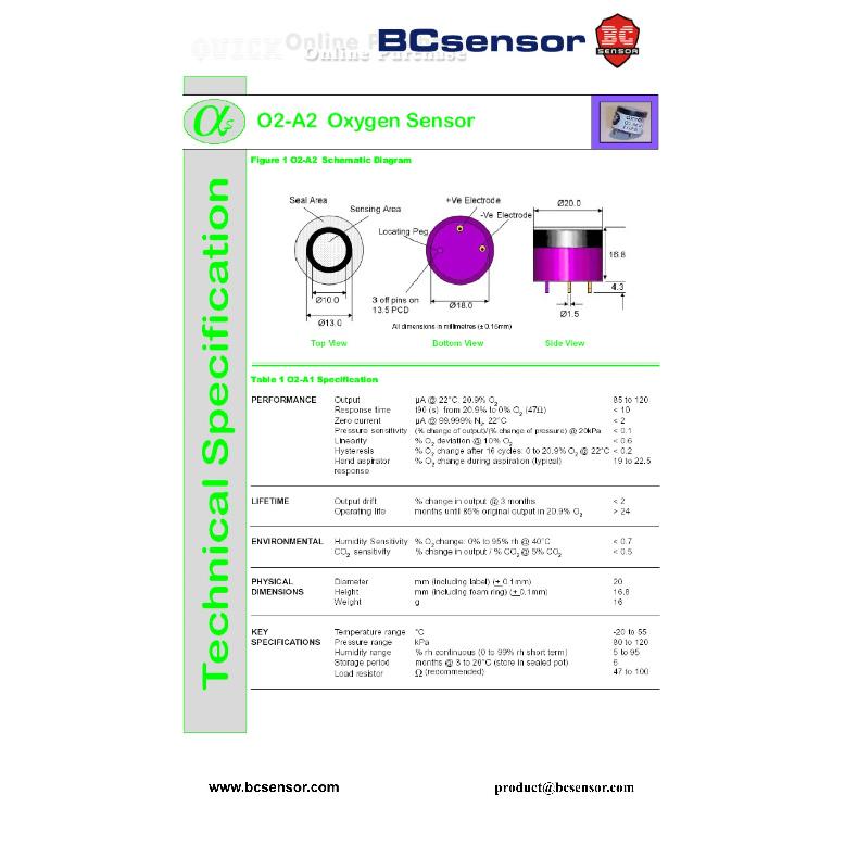 The oxygen sensor (O2-A2) is one of the gas sensors used to measure the oxygen concentration in the environment