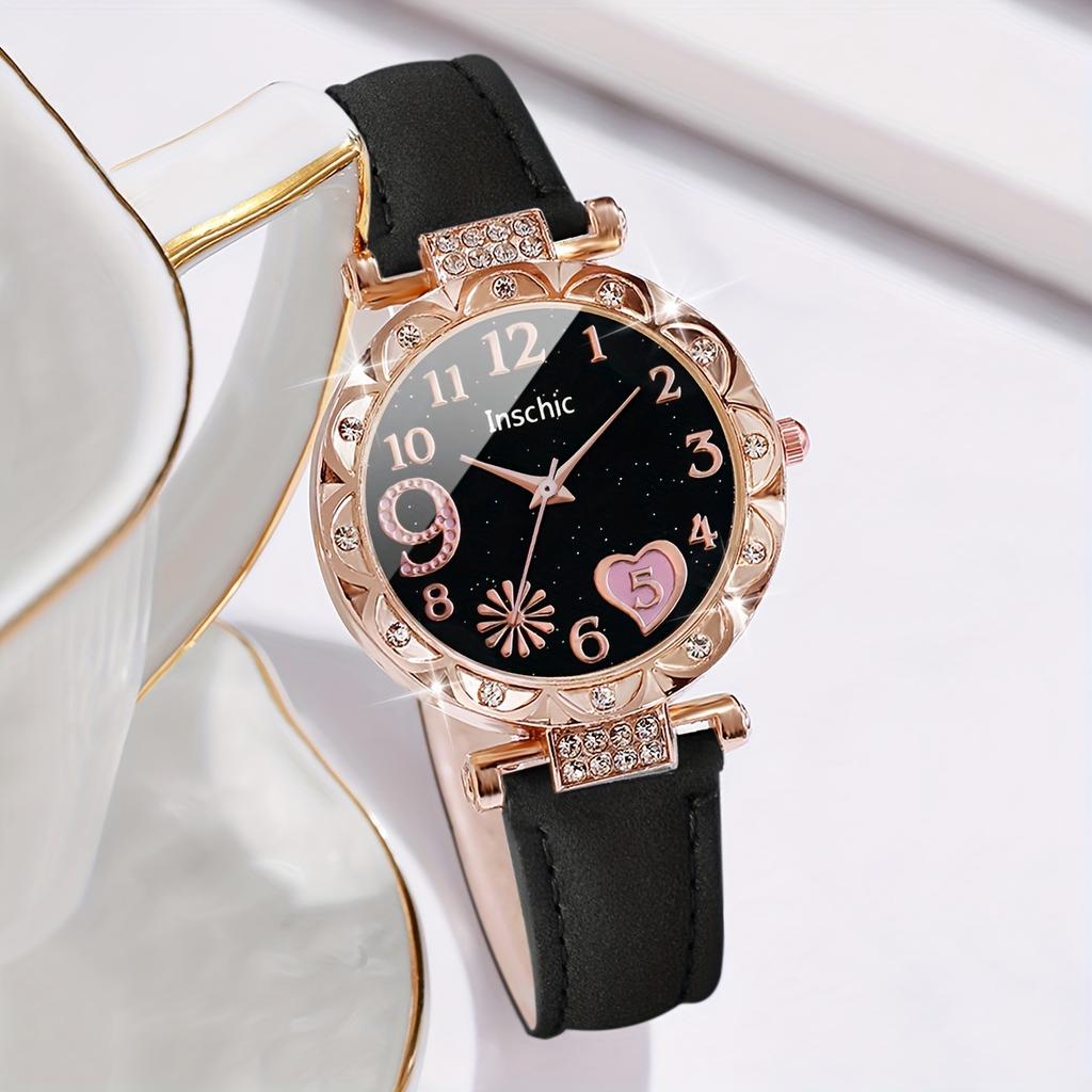 2pcs/set Women's Casual Heart Rhinestone Quartz Watch Analog PU Leather Wrist Watch & Bracelet, Valentines Gift For Her