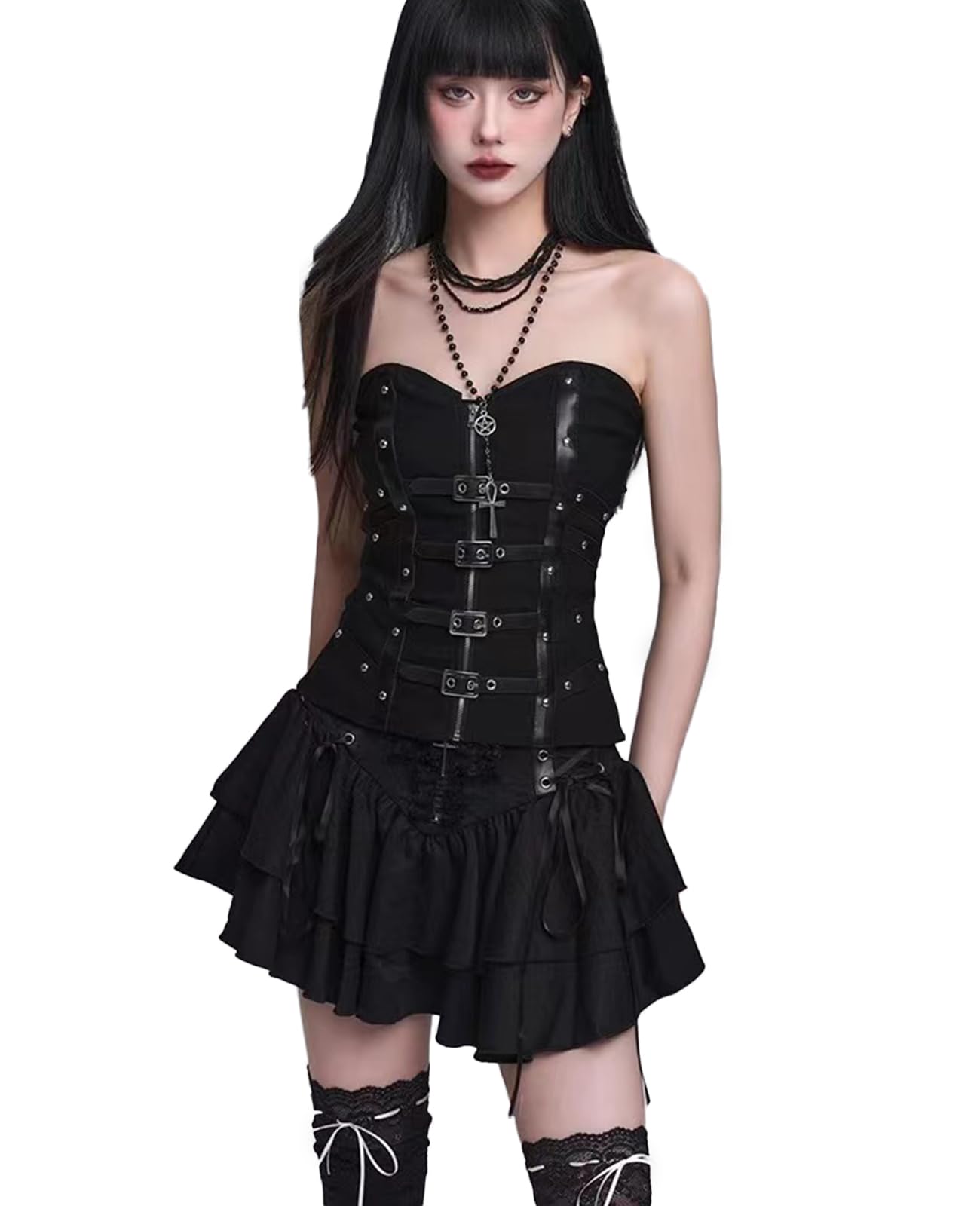 [KALAOK] Lolita JSK Lederrock 2-teiliges Set, Gothic Lolita Stil, Cooles Tanzkostüm, Cheerleading-Gruppe, Schulfest, Größe E L gray