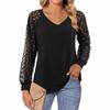 Elegant Lace Pleated Solid Color T-Shirts Women's V Neck Lantern Long Sleeved Tees Spring Summer Daily Casual Tops