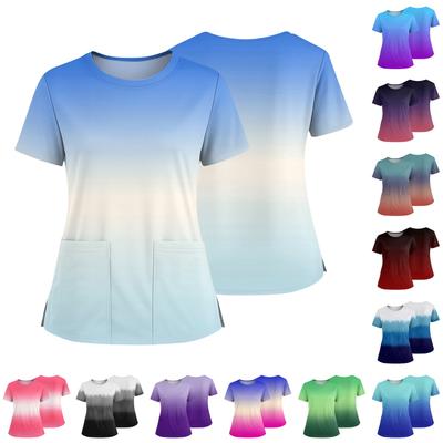 Women's Fashionable Printed Round Neck Pocket Short Sleeved Shirt With Slit Hem Uniform And Worker's Top