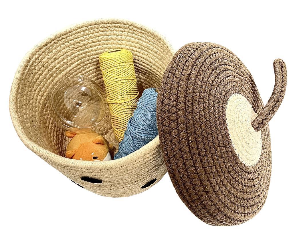 Cotton storage basket with lid, round, lightweight, Scandinavian style, hand-knitted, natural finish, 20 x 18 cm. Ideal for storing small items, cosme
