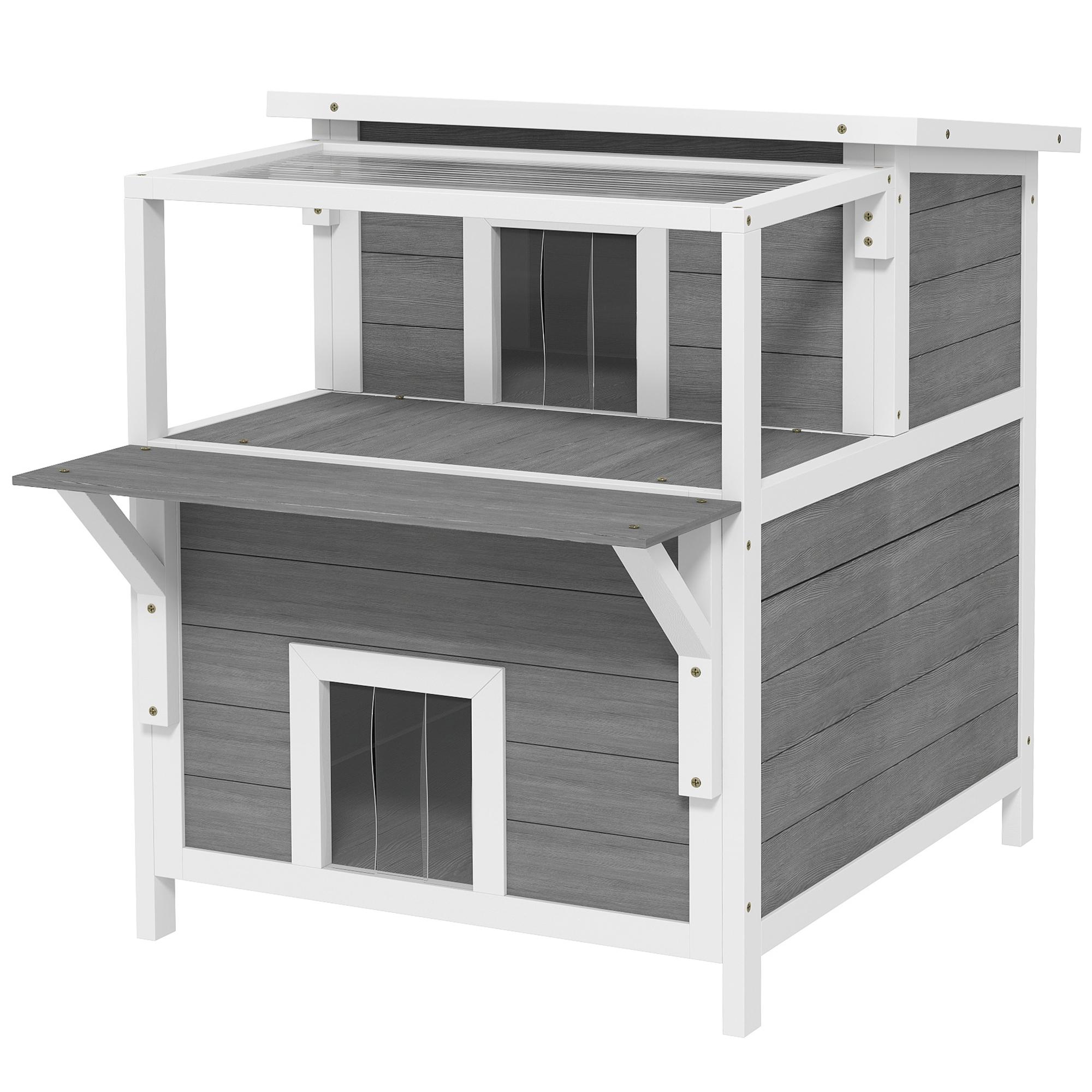 Maisonnette pour chat à 2 étages avec balcon, étanche, abri pour chat, protection contre la pluie et le soleil, pour intérieur et extérieur, gris clair