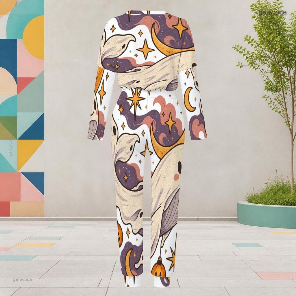 Women Plus Size White Halloween Ghost Printed Round Neck Long Sleeve Cuffed Two Piece Pants Set With Pockets