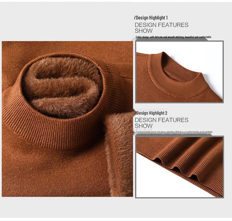 Men's Plush-lined Knit Sweater: Winter Fashion, Thick Warm Mink Velvet, Half-high Collar Knitwear