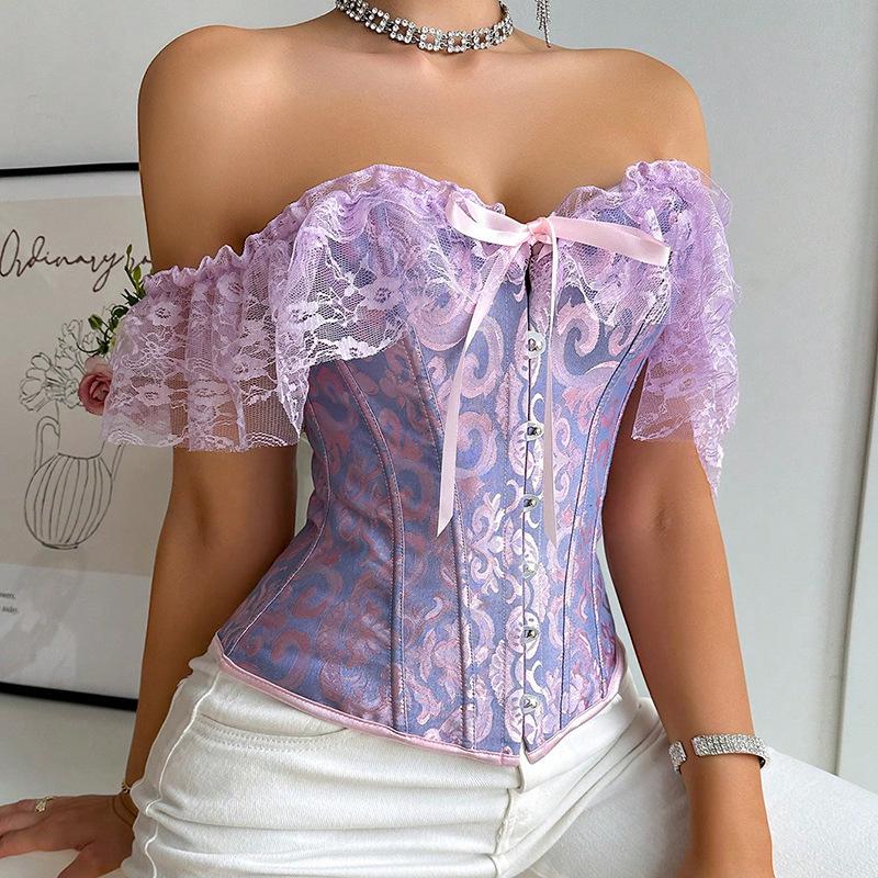 Women's Jacquard Lace Corset Top with Flutter Sleeves & Waist Cincher